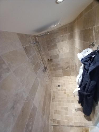 a bathroom with a shower and a tiled floor at Gîte de Fanny du Moulin de Tartay en Avignon in Avignon