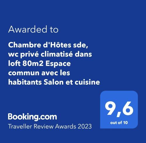 Captura de pantalla de un teléfono móvil con mensaje de texto en Chambre d'Hôtes sde, wc privé climatisé dans loft 80m2 Espace commun avec les habitants Salon et cuisine en Toulon