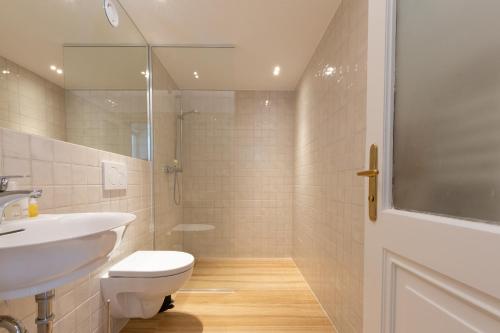 a bathroom with a toilet and a sink and a shower at Villa Schönthaler in Semmering