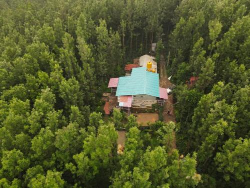an aerial view of a house in the middle of a forest at The Inchara Hill View HomeStay in Chikmagalūr