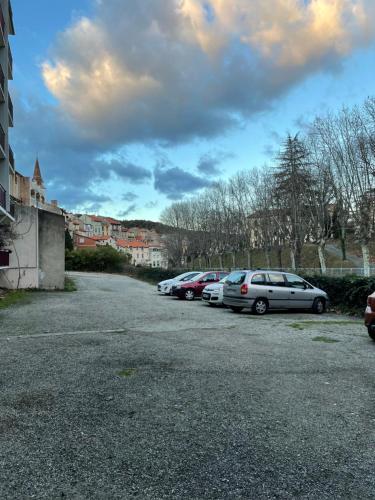 eine Gruppe von Autos, die auf einem Parkplatz geparkt sind in der Unterkunft Studio amelie proche des thermes 2ieme étage in Amélie-les-Bains-Palalda