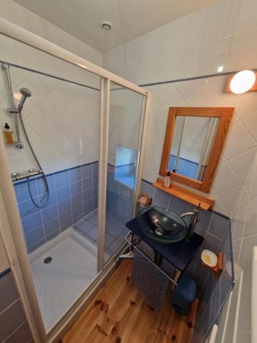 a bathroom with a sink and a shower at Chez Patou - Chambres d'hôtes in Beauzac