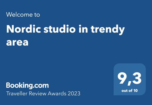 a blue sign with the words narcotic studio in therapy area at Trendy Nordic Studio by Tram Stop in Helsinki
