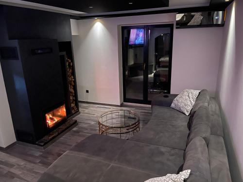 a living room with a couch and a fireplace at Ranch Falcone in Hrvatska Dubica