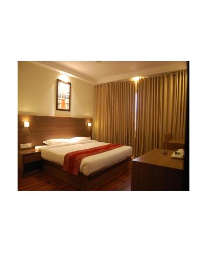 um quarto de hotel com uma cama e uma secretária em HOTEL GARNET em Durg