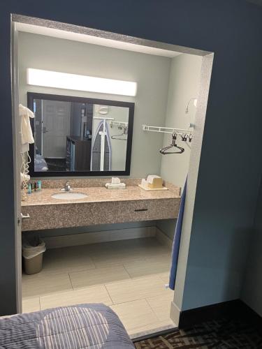 a bathroom with a sink and a large mirror at Brandon Motor Lodge in Brandon