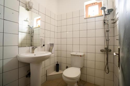 a bathroom with a toilet and a sink and a mirror at Tigaki Mall Hostel in Tigaki