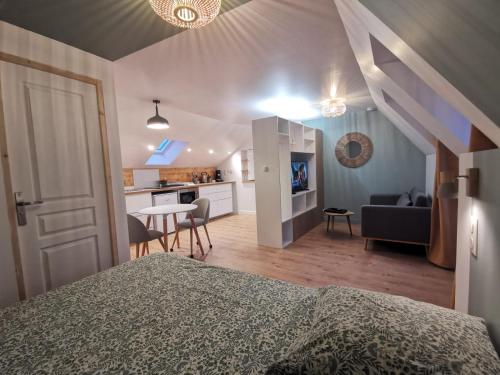 1 dormitorio con 1 cama y sala de estar en Les appartements du centre, refaits à neuf, climatisés, hyper centre, 50m à pieds des commerces, restaurants, parking gratuit, en Salies-de-Béarn