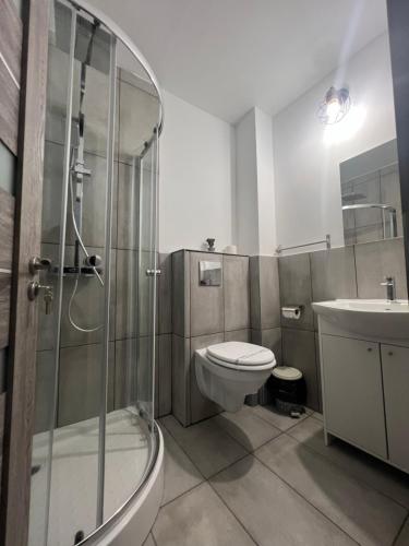 a bathroom with a shower and a toilet and a sink at Pensiunea Luisa in Craiova