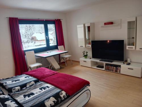 um quarto com uma televisão e uma mesa com uma secretária em Dachstein Apartments em Obertraun