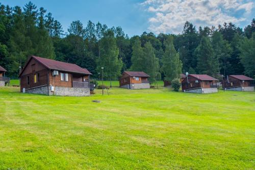 een groep huisjes in een veld van groen gras bij Złoty Potok Resort in Złoty Potok