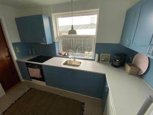 een keuken met blauwe kasten, een wastafel en een raam bij Emmas hus i Skagen in Skagen