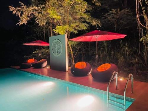 a pool with three chairs and umbrellas next to a pool at Area 4 eco cubes in Ella