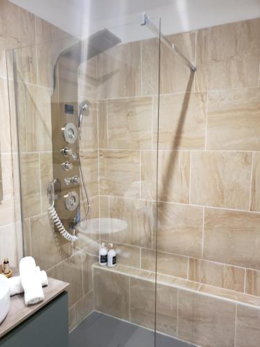 baño con ducha y puerta de cristal en Maison du Bonheur 2 à TROYES Logement entier avec parking, en Troyes