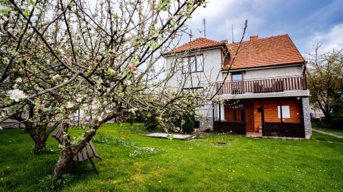 a house with a flowering tree in front of it at Penzion Veronika in Třeboň