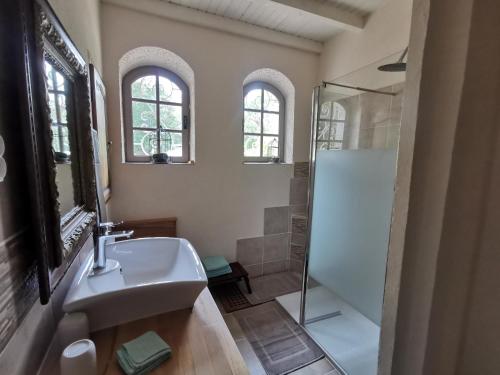 W łazience znajduje się umywalka i prysznic. w obiekcie DOMAINE DES 3 CYPRÈS Chambre PIVOINE Chez Nath & Pat w mieście Fumel