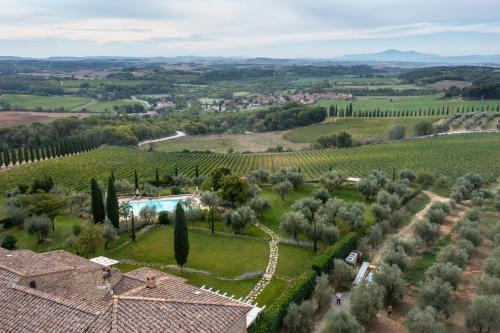 an aerial view of a villa in a vineyard with trees and a pool at Borgo Argiano in Castelnuovo Berardenga