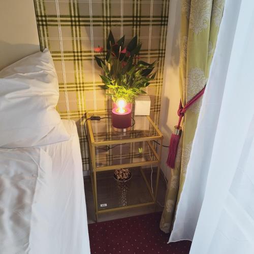 a room with a table with a plant and a candle at Tinyhouses am Neusiedlersee in Fertőrákos