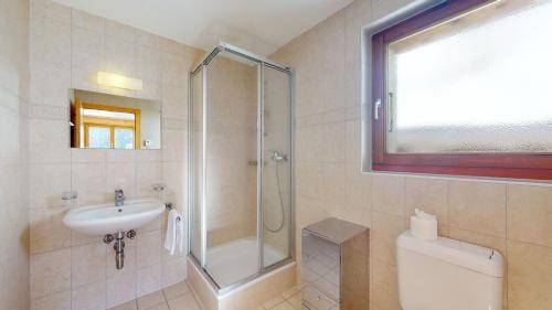 La salle de bains est pourvue d'une douche, d'un lavabo et de toilettes. dans l'établissement Balcons du Soleil QUIET & SUNNY apartments by Alpvision Résidences, à Veysonnaz