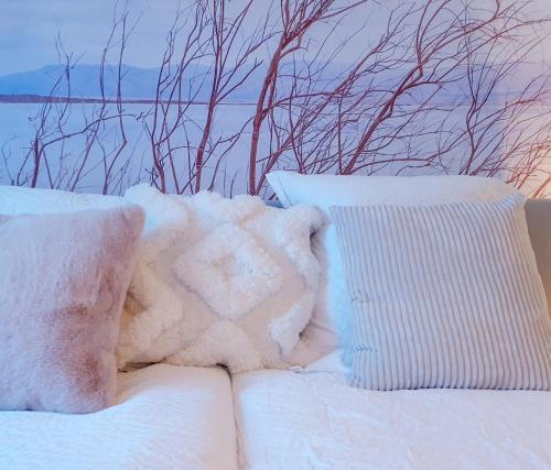 two white pillows sitting on top of a couch at Vakantiewoning De Gavers in Geraardsbergen