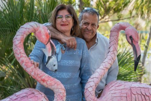 a man and a woman holding two pink flamingos at House of Art in Arad