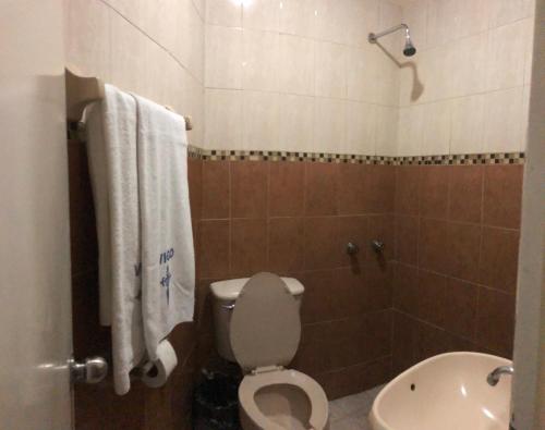 a bathroom with a toilet and a sink at Hotel Vigo in Guadalajara