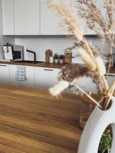 a bird is flying in a kitchen at Apartmány Zahražany in Most
