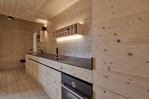 a kitchen with wooden walls and a sink and a stove at Chalets Lara & Louise in Rieden am Forggensee