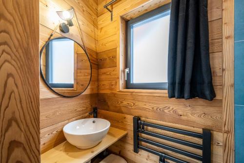 ein Bad mit einem Waschbecken und einem Spiegel in der Unterkunft Les chalets d'Éléna in Saint-Jean-Saint-Nicolas
