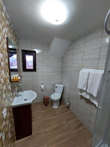 a bathroom with a white toilet and a sink at Casa cu Tihna in Fundu Moldovei