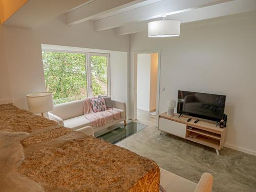 a living room with a couch and a television at Casa Som do Rio in Ponte de Lima