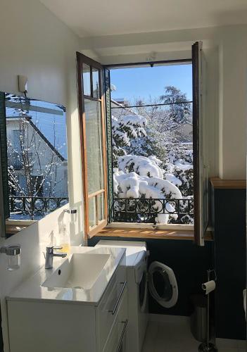 La salle de bains est pourvue d'un lavabo et d'une fenêtre avec de la neige. dans l'établissement Elégant 3 pièces - Parking, à Thonon-les-Bains