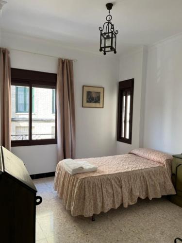 a bedroom with a bed and a chandelier at Bonito apartamento céntrico cerca de Sevilla in Alcalá de Guadaira