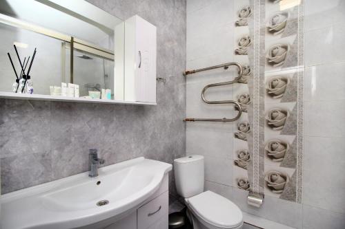 La salle de bains est pourvue d'un lavabo, de toilettes et d'un miroir. dans l'établissement ЖК Верный, 3-комнатная квартира, рядом с верхней Мегой, вдоль речки, à Almaty