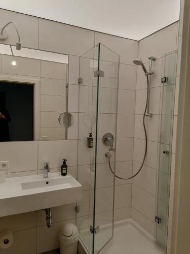 a bathroom with a shower and a sink at Lindner's Hotel in Bellheim