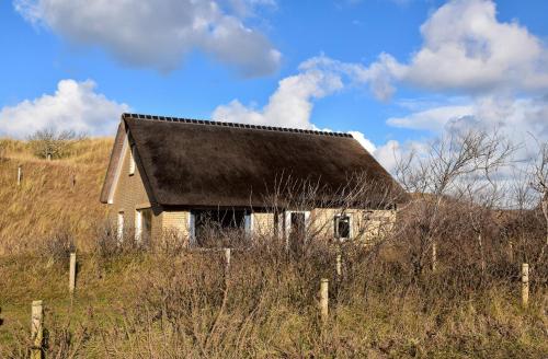 ein altes Haus mit schwarzem Dach auf einem Feld in der Unterkunft in het Dal in Buren