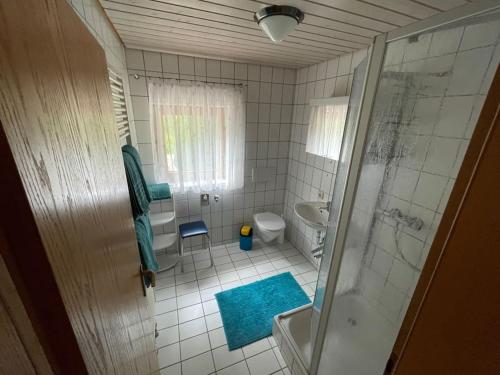 y baño con ducha, aseo y lavamanos. en Ferienwohnung Käppelehof, en Schramberg