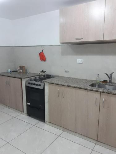 a kitchen with a stove and a sink at Apartamentos Naomi in El Carmen