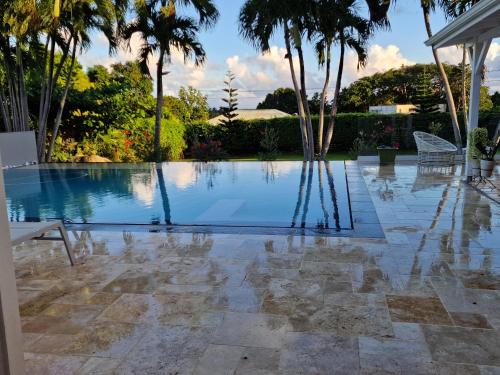 a swimming pool with palm trees in the background at Appartements de Luxe . Propriété de Luxe in Baie-Mahault