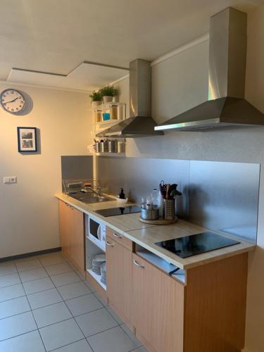 a kitchen with a sink and a stove top oven at Skammidalur Guesthouse in Vík