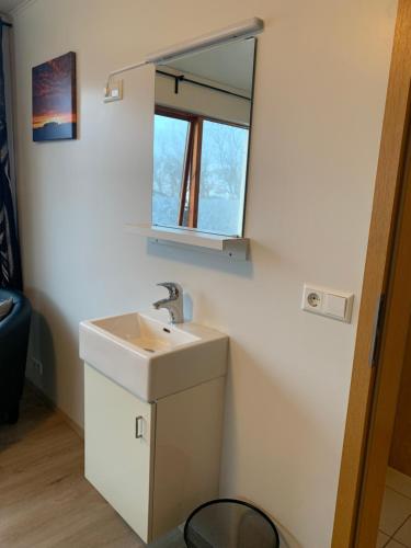 uma casa de banho com um lavatório e um espelho em Skammidalur Guesthouse em Vík