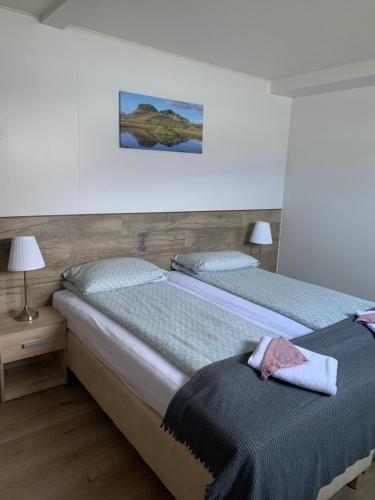 duas camas num quarto com duas lâmpadas e uma cama sidx sidx em Skammidalur Guesthouse em Vík
