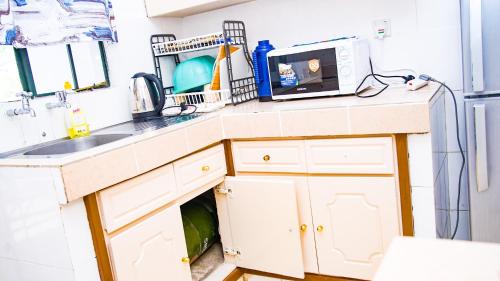 a kitchen with a sink and a microwave at Primal apartment at Embakasi, Nairobi, Kenya. in Nairobi