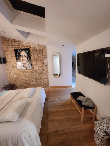 La P'tite Écurie في Saint-Jean-de-Liversay: غرفة نوم بسرير كبير وتلفزيون بشاشة مسطحة