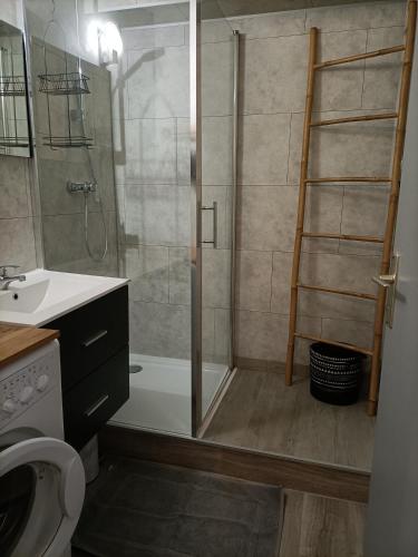 une salle de bain avec une douche avec une porte vitrée dans l'établissement Le clin d'oeil sur le port., à Gruissan