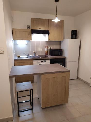 une petite cuisine avec un comptoir et un réfrigérateur dans l'établissement Petit chemin des Flouries, à Gaillac