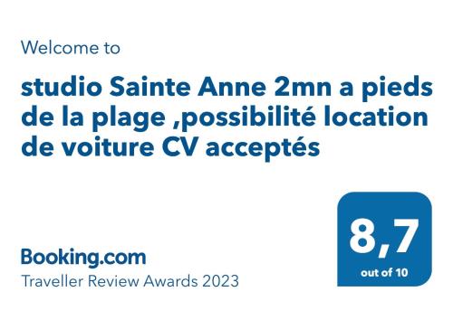 Certifikát, hodnocení, plakát nebo jiný dokument vystavený v ubytování studio Sainte Anne 2mn a pieds de la plage ,possibilité location de voiture