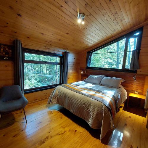 a bedroom with a bed and two windows in a cabin at Estación Benedicto in Manzanar