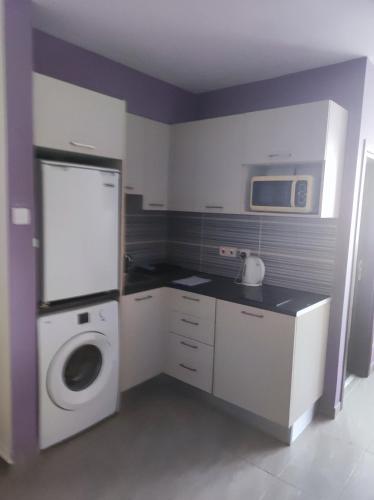a kitchen with a washing machine and a microwave at Hawaii Royal Gardens in Limassol
