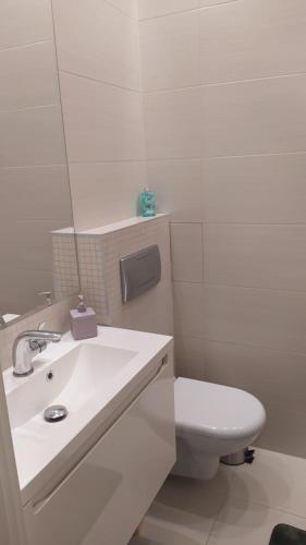 W łazience znajduje się umywalka, toaleta i lustro. w obiekcie Apartament Szczęśliwicka w Warszawie